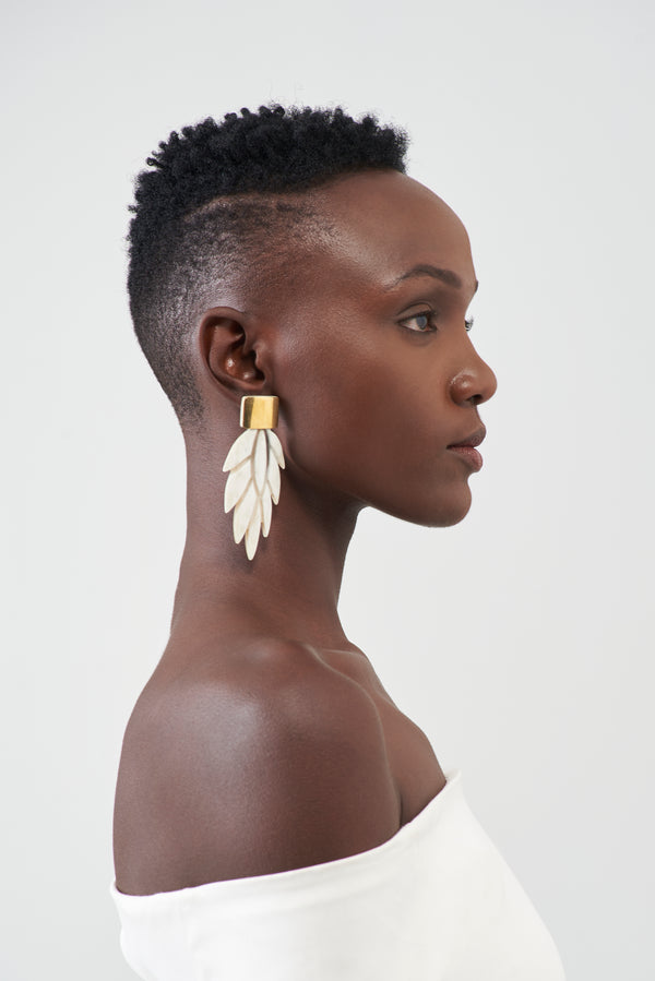 Daisy layered petal drop horn and brass earrings